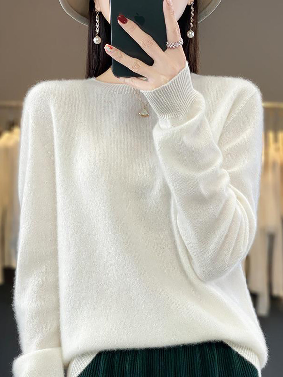 Women Autumn Solid Knit 100%Wool O-Neck Sweater WU023 BK