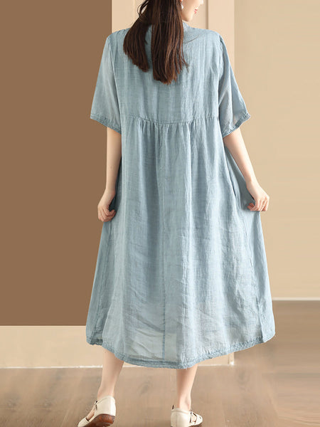 Women Summer Casual Solid Shirred Button Linen Dress HH019 LN
