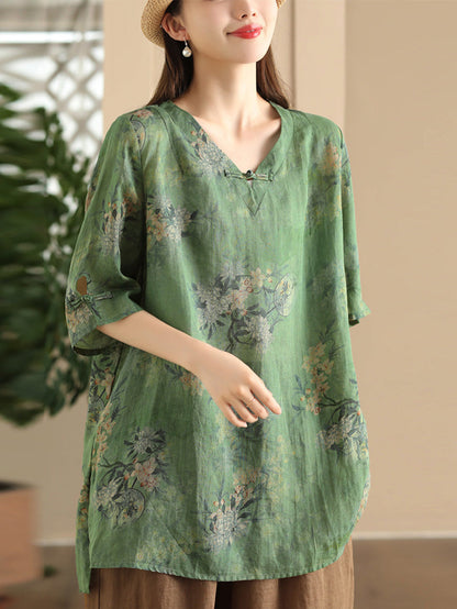 Women Summer Vintage Flower Buckle Ramie Long Shirt LL039 BUYKUD