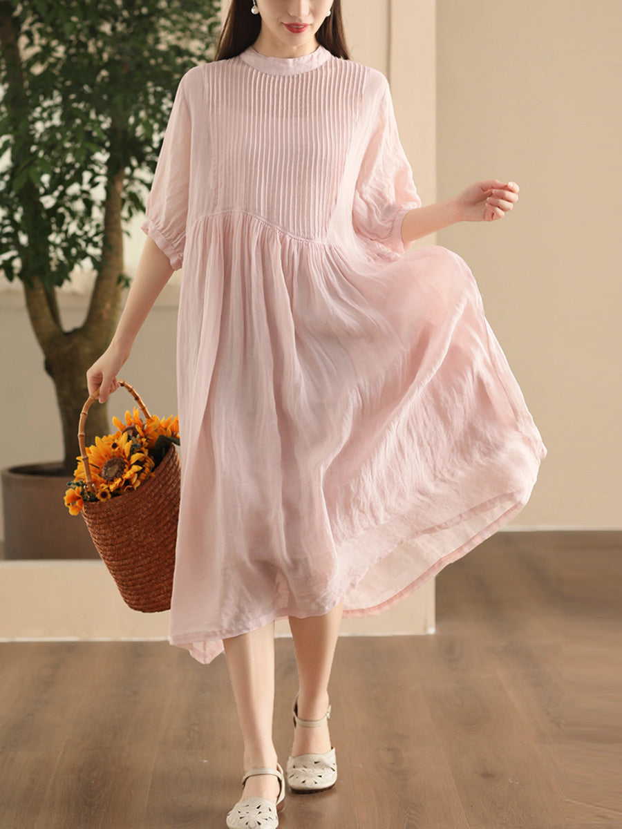 Women Summer Artsy Shirred Solid Ramie Dress CX003 BUYKUD