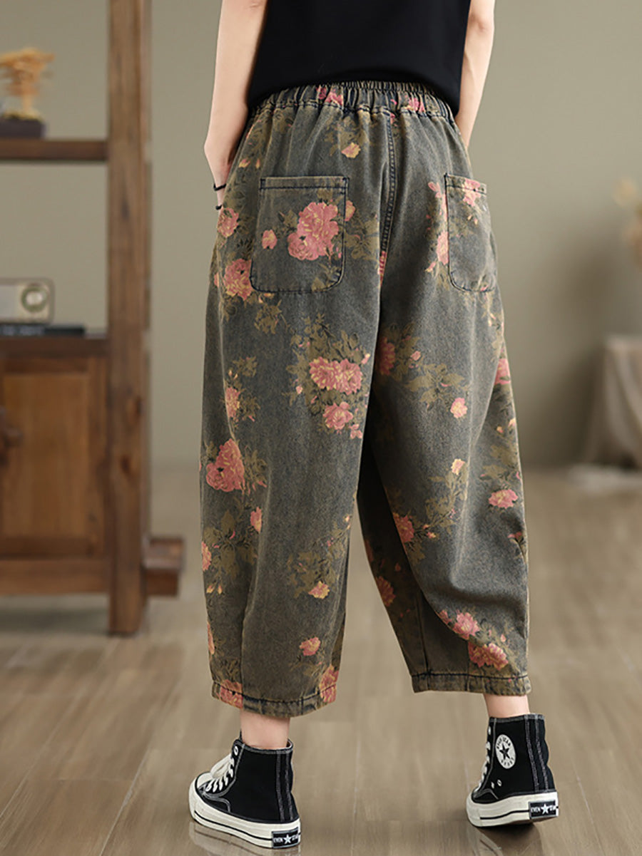 Women Summer Vintage Flower Denim Harem Pants LL034 BUYKUD