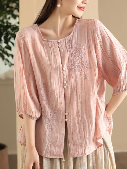 Women Summer Vintage Embroidery Solid Button Ramie Shirt FD012 JPFS