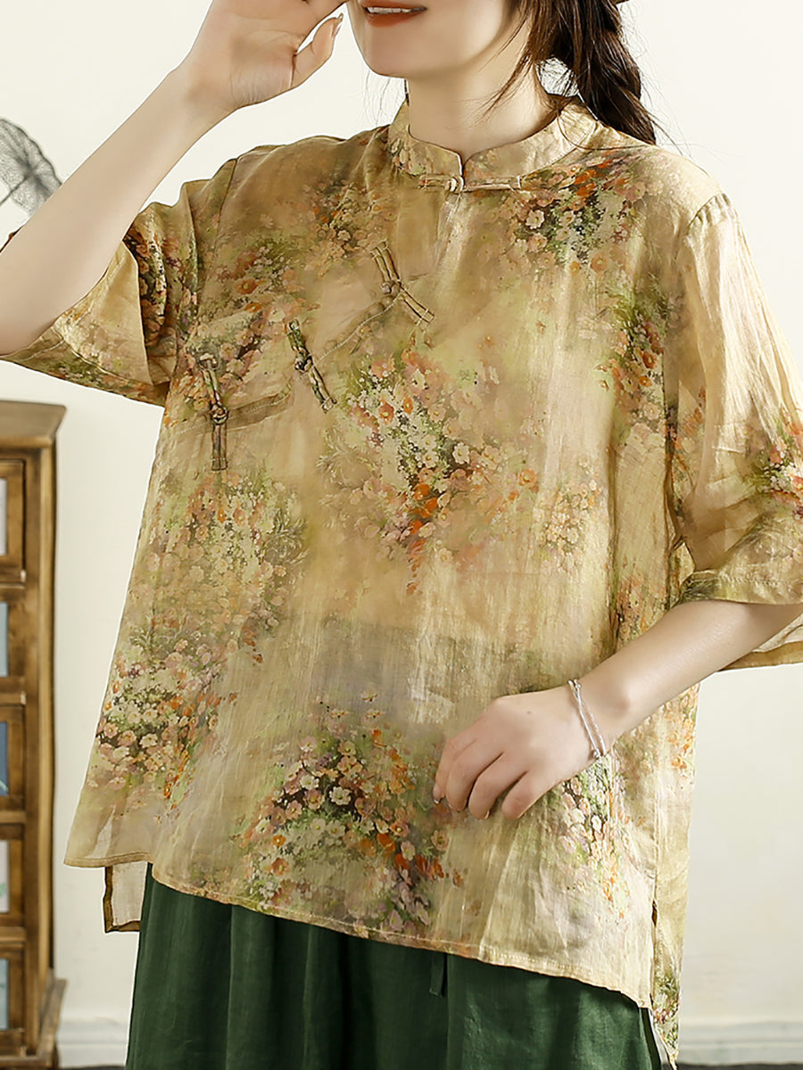 Women Summer Vintage Floral Buckle Ramie Shirt OO1043 XJYF