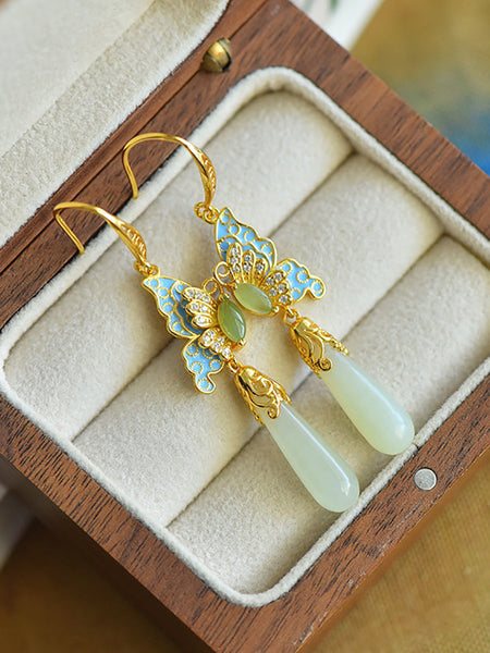 Butterfly Ethnic Enamel Earrings Women Jade S925Silver FashionChic