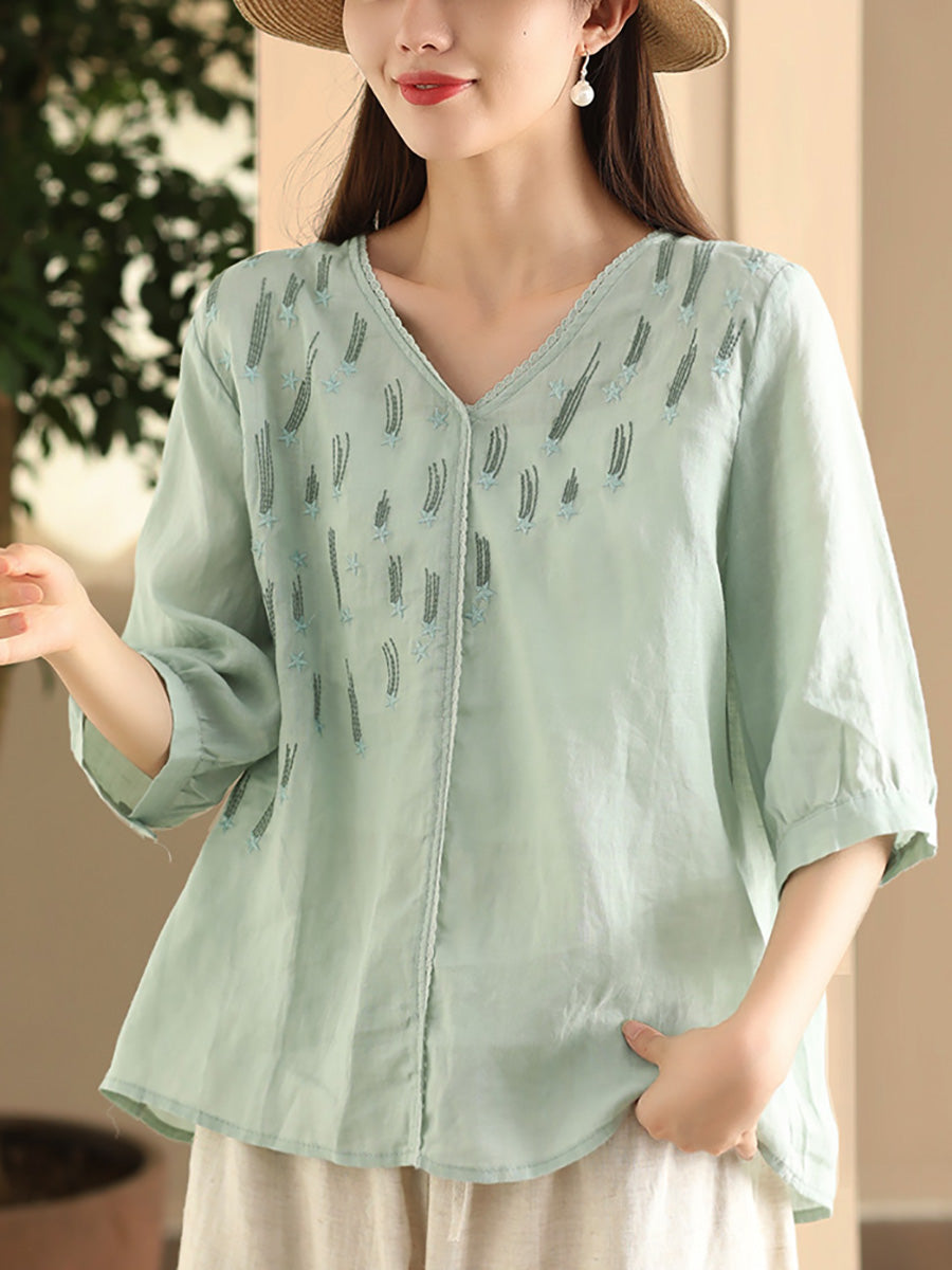 Women Summer Artsy Embroidery V-Neck Ramie Shirt FD005 ZMMM