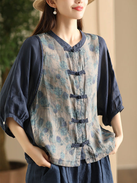 Women Summer Vintage Flower Spliced Button-up Ramie Shirt FD042 ZMMM