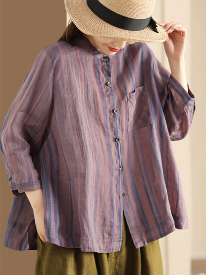 Women Spring Vintage Stripe Button-Up Blouse CO1007 Ada Fashion