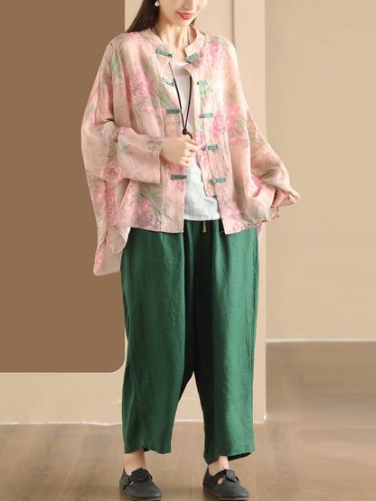 Women Summer Artsy Flower Button-Up Ramie Shirt HH016 ZMMM