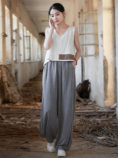 Women Summer Vintage Tie-dye Straight-leg Linen Pants CV1013 Ada Fashion