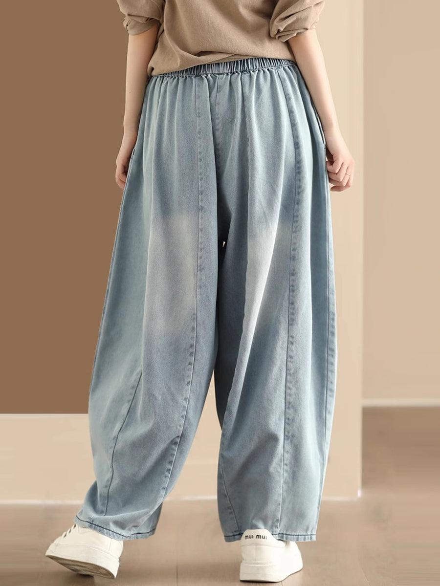 Women Vintage Washed Spliced Denim Wide-leg Pants QW1007 Ada Fashion