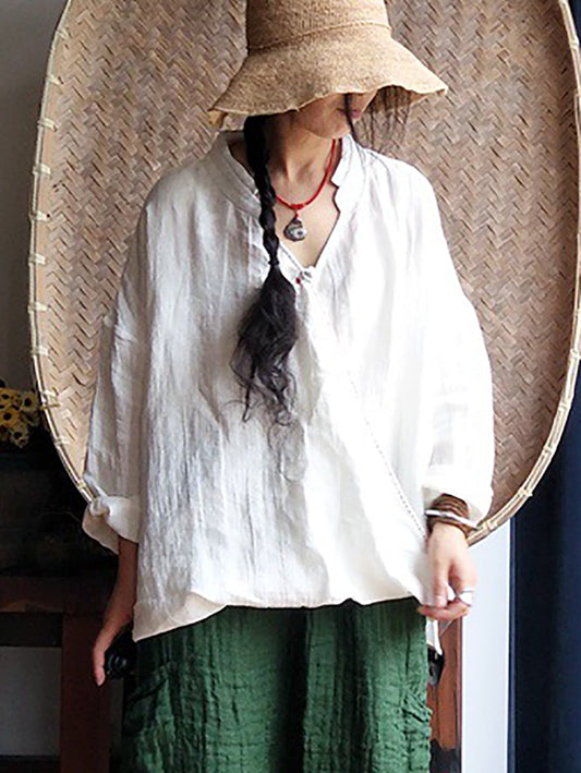 Women Vintage Summer Stitching Linen Shirt QW1034 Ada Fashion