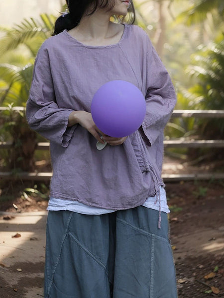 Women Spring Vintage Purple Drawstring Cotton Shirt SC1018 Ada Fashion