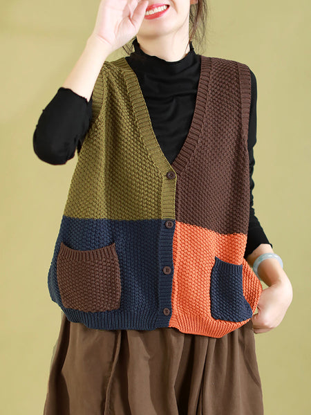 Women Autumn Colorblock Knitted V-Neck Vest CV1029 Ada Fashion