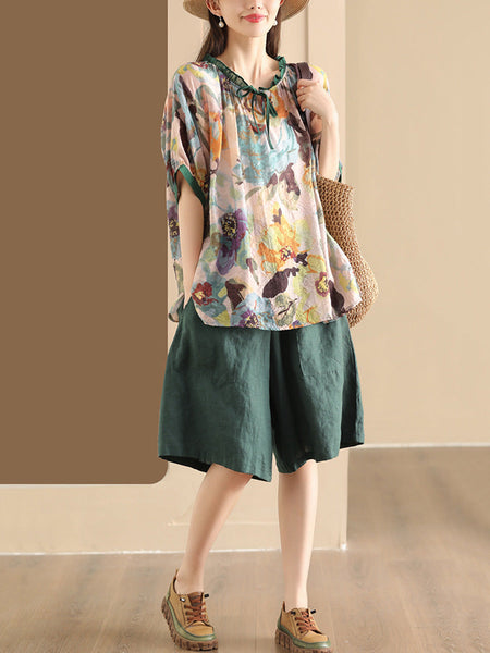 Women Summer Artsy Print Strap Loose Linen Shirt HH046 JLFZ