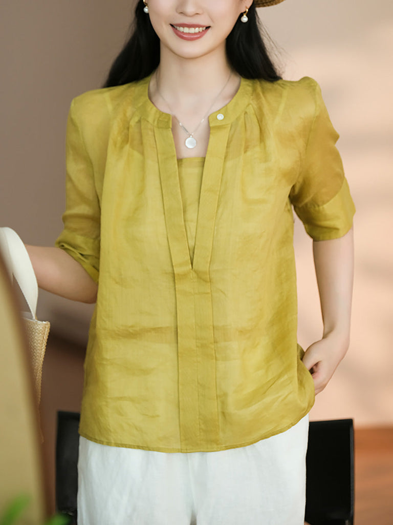 Women Summer Artsy Solid V-Neck Ramie Shirt CC051 XE