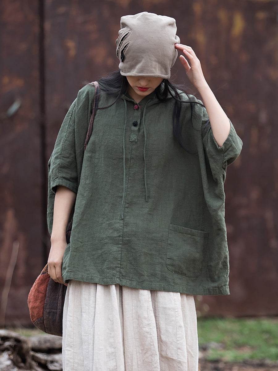 Women Summer Retro Solid Loose Hooded Ramie Shirt CC045 BXF