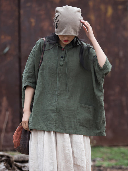 Women Summer Retro Solid Loose Hooded Ramie Shirt CC045 BXF