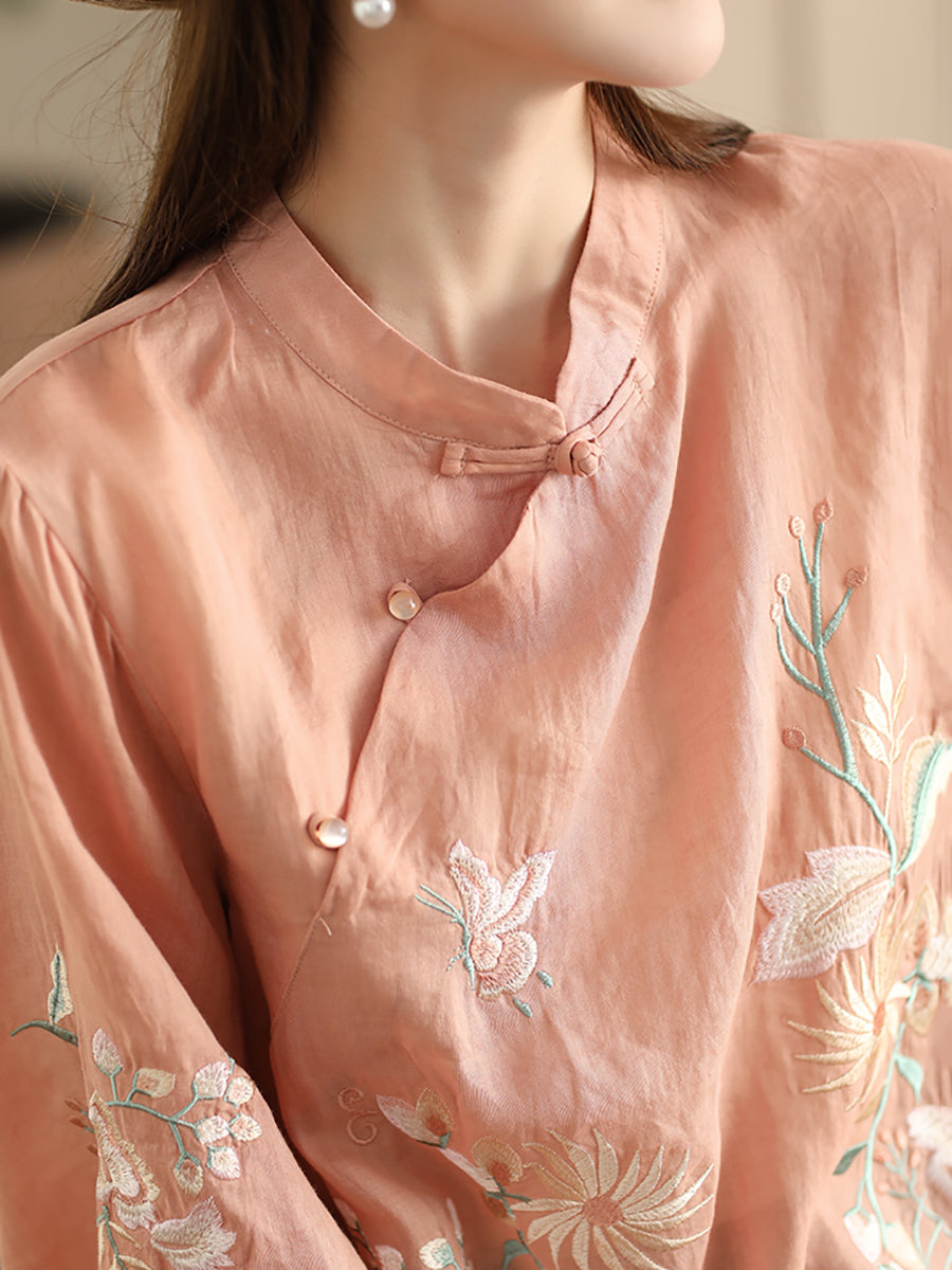 Women Vintage Floral Embroidery Ramie Stand Collar Shirt WE1038 Ada Fashion