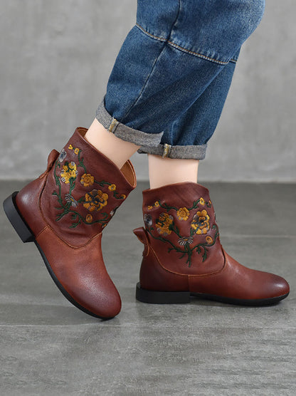 Women Vintage Flower Embroidery Leather Low Heel Boots AX1050 Genistyle Shop