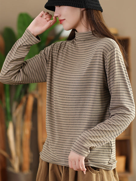 Women Autumn Casual Stripe Half Turtleneck Blouse AI1064 ZMMM