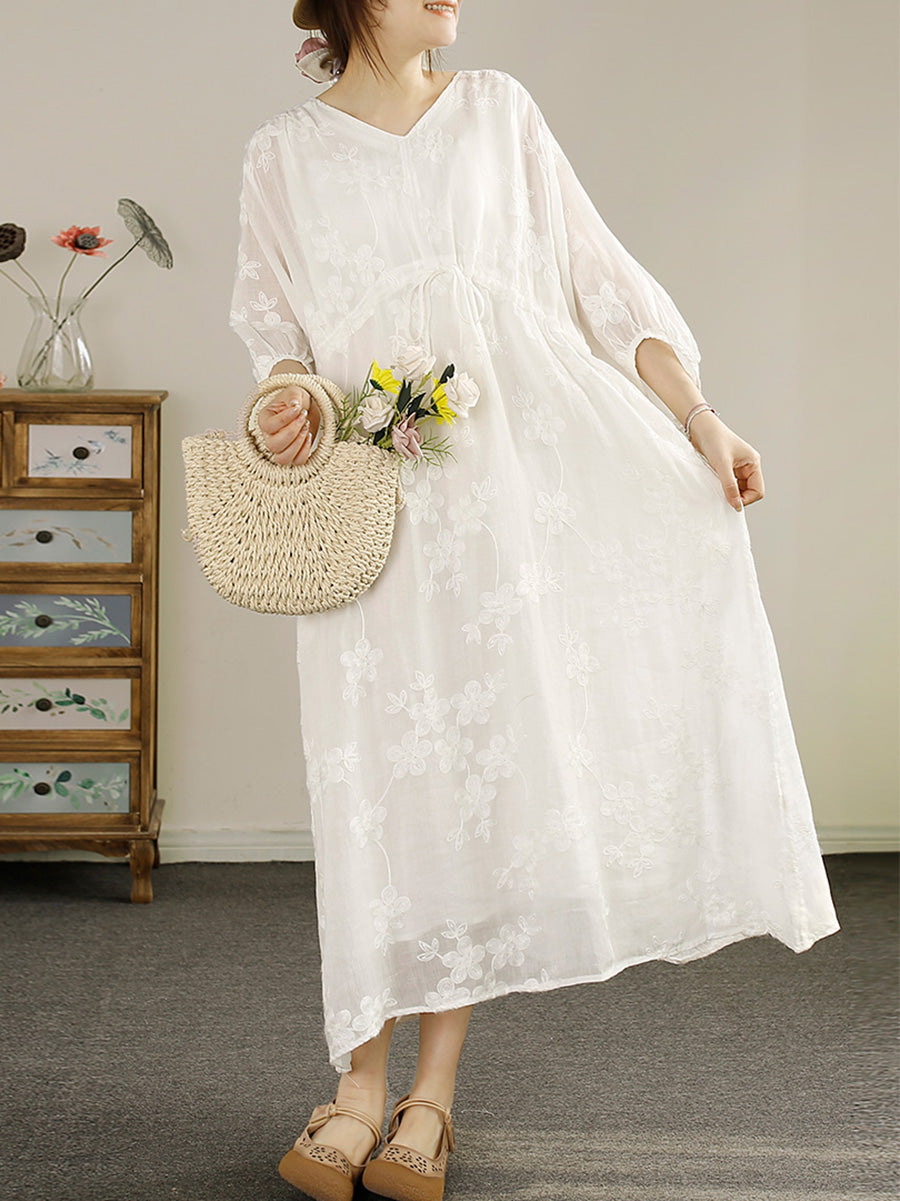 Women Summer Floral Embroidery Strap V-Neck Ramie Dress HH045 LSFZ