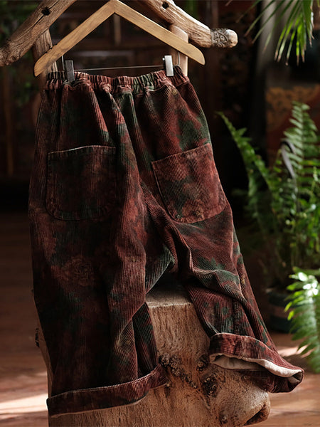 Women Vintage Spring Flower Croduroy Wide-leg Pants AT1079 BUYKUD