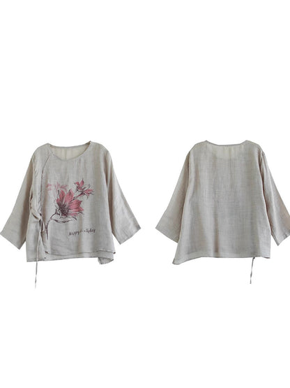 Women Spring Flower Vintage Strap Ramie Blouse PA1032 Ada Fashion