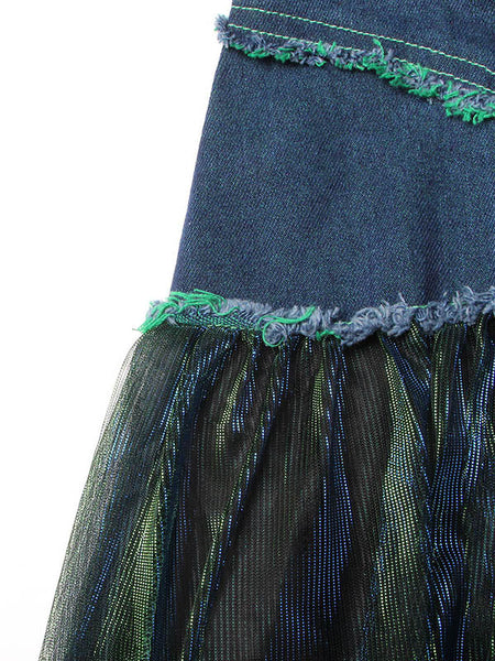 Denim Shiny Waisted Skirt A-Line Green Belted Chic High Tulle FashionChic