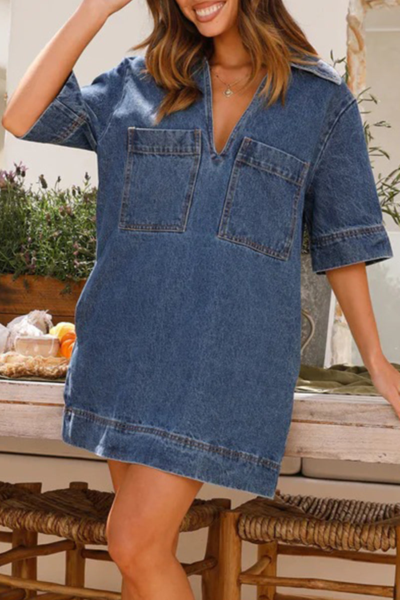 Casual Simplicity Solid Pocket V Neck Short Sleeve Loose Denim Dresses YE9878