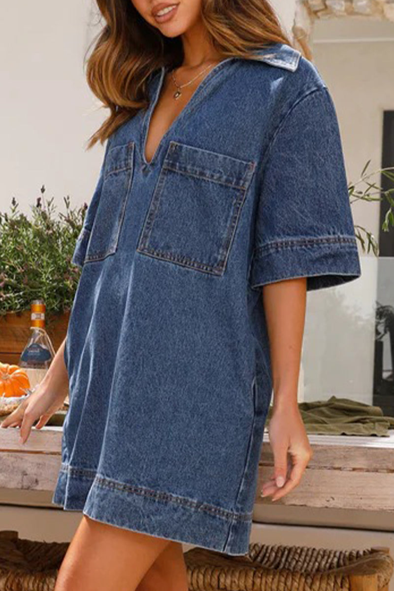 Casual Simplicity Solid Pocket V Neck Short Sleeve Loose Denim Dresses YE9878