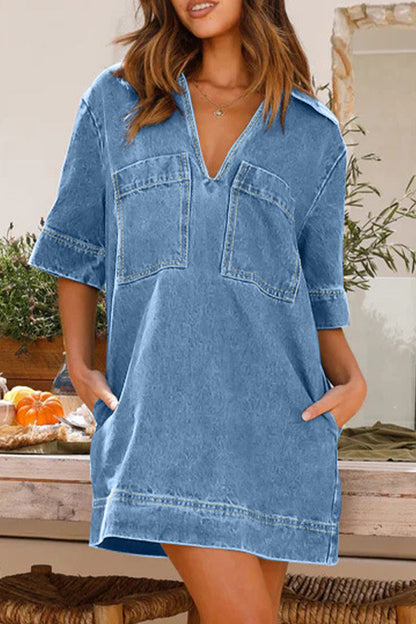 Casual Simplicity Solid Pocket V Neck Short Sleeve Loose Denim Dresses YE9878