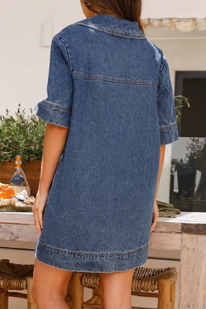 Casual Simplicity Solid Pocket V Neck Short Sleeve Loose Denim Dresses YE9878