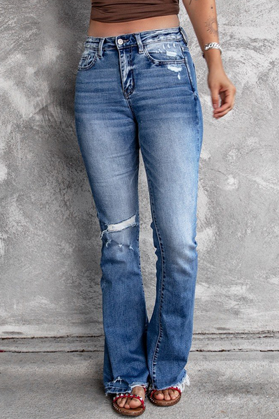 Casual Vintage Solid Ripped High Waist Regular Denim Jeans YE9879