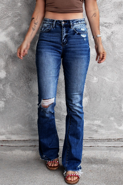 Casual Vintage Solid Ripped High Waist Regular Denim Jeans YE9879