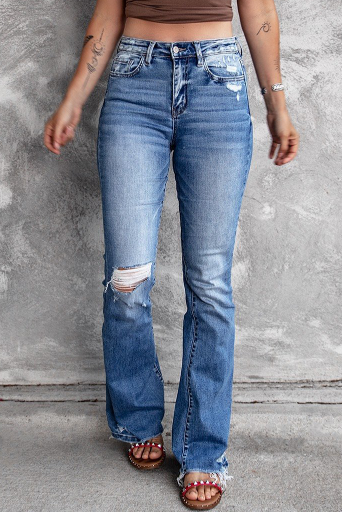 Casual Vintage Solid Ripped High Waist Regular Denim Jeans YE9879