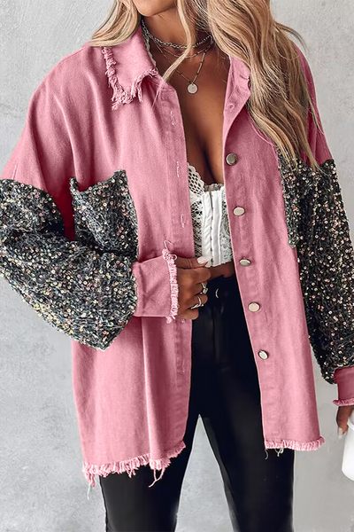 Casual Solid Sequins Pocket Turndown Collar Tops YE9880