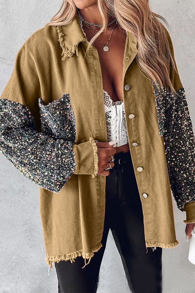 Casual Solid Sequins Pocket Turndown Collar Tops YE9880