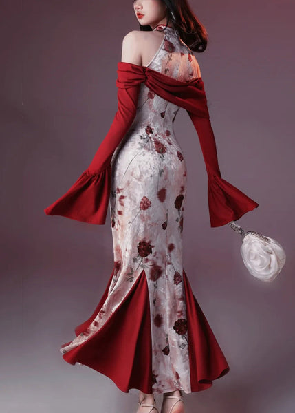 Velvet Print Patchwork Fishtail Chic Silk Red Flare Dresses FashionChic