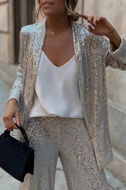 Casual Street Solid Sequins Cardigan Collar Long Sleeve Two Pieces RH8516