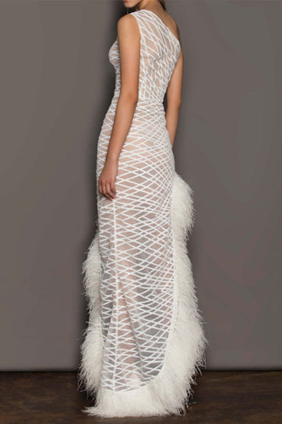 Sexy Party Solid See-through Feathers Oblique Collar Irregular Dress Dresses RH8521