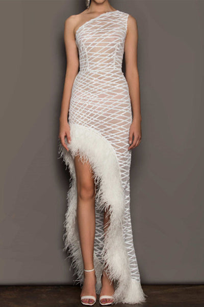 Sexy Party Solid See-through Feathers Oblique Collar Irregular Dress Dresses RH8521