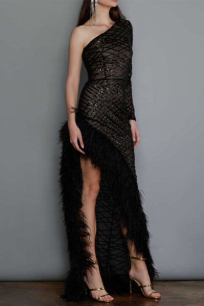 Sexy Party Solid See-through Feathers Oblique Collar Irregular Dress Dresses RH8521