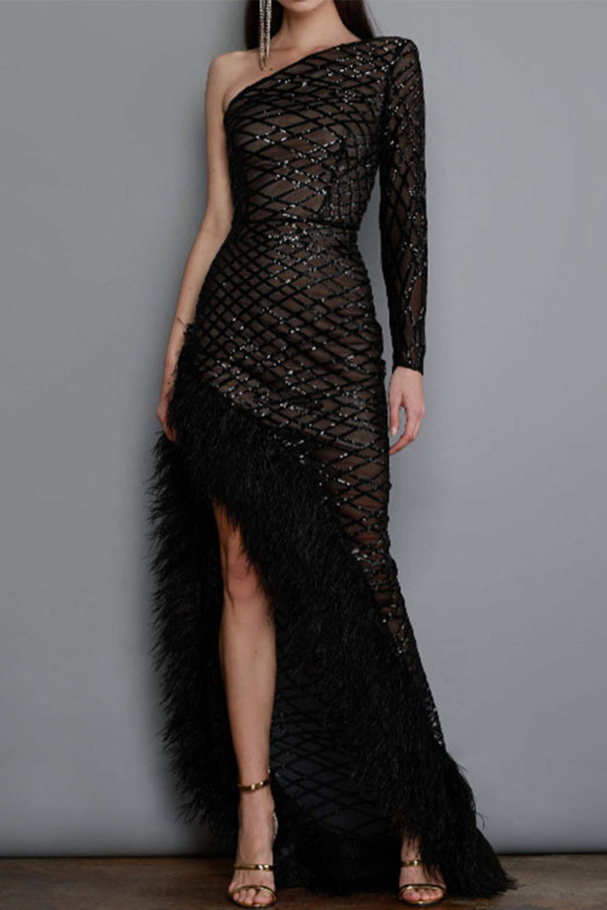 Sexy Party Solid See-through Feathers Oblique Collar Irregular Dress Dresses RH8521