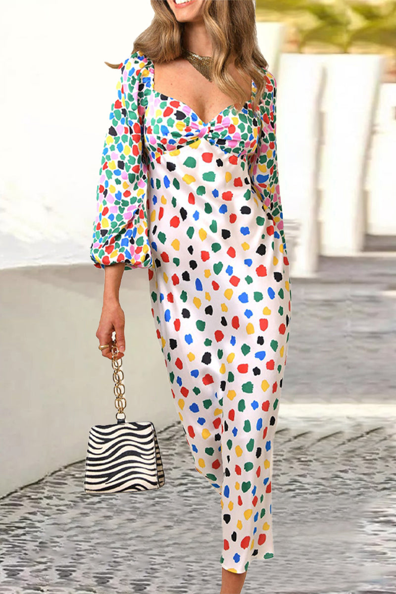 Sweet Elegant Print Polka Dot Contrast V Neck Printed Dress Dresses RH8528