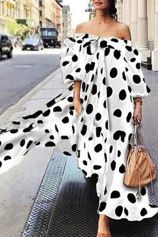 Street Elegant Polka Dot Printing Off the Shoulder Printed Dress Dresses RH8526