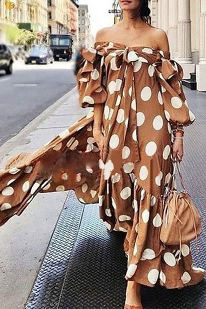Street Elegant Polka Dot Printing Off the Shoulder Printed Dress Dresses RH8526