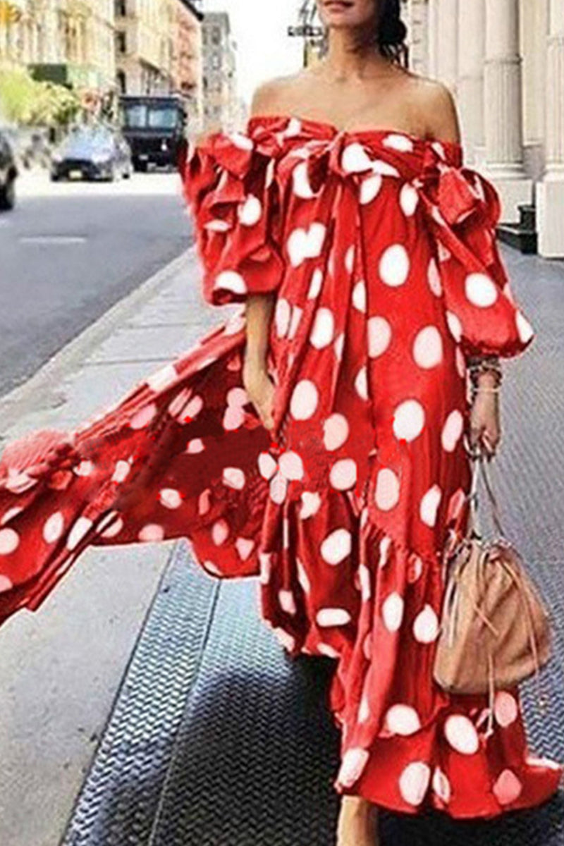 Street Elegant Polka Dot Printing Off the Shoulder Printed Dress Dresses RH8526