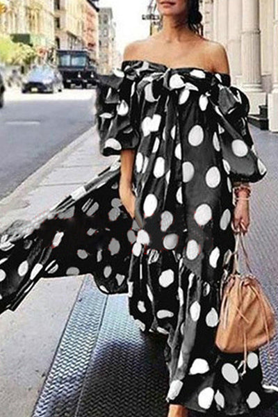 Street Elegant Polka Dot Printing Off the Shoulder Printed Dress Dresses RH8526