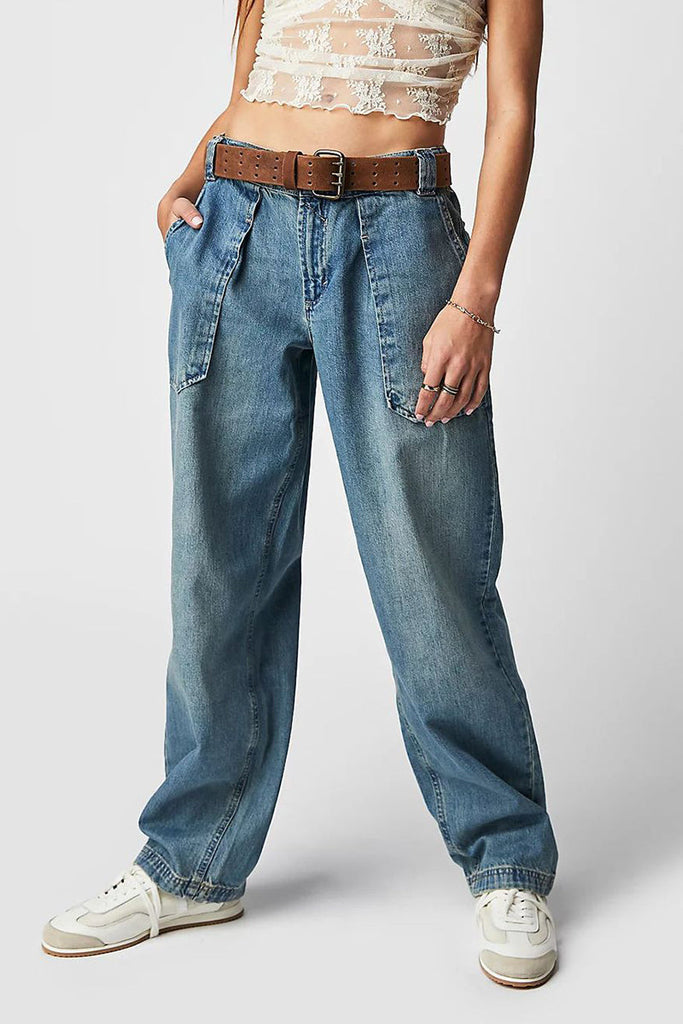Casual Street Solid Pocket Without Belt Loose Denim Jeans(No Belt) YE8524