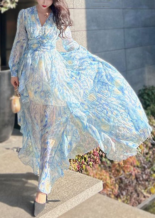 New Blue V Neck Print Chiffon Long Dresses Long Sleeve AJ1039 shopify